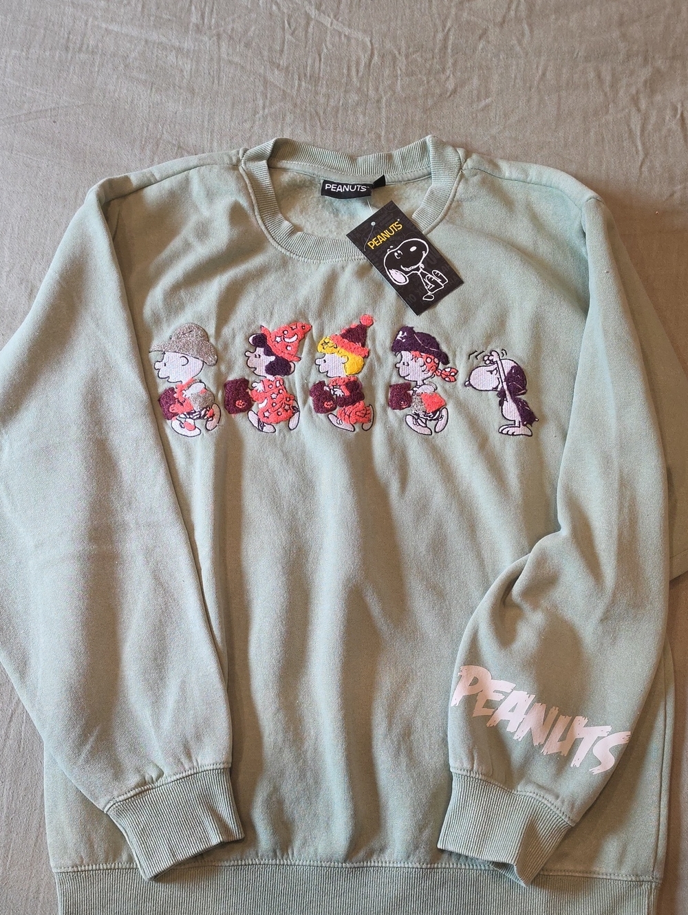 Peanuts Embroidered Character Sweatshirt Green & Pink NWT